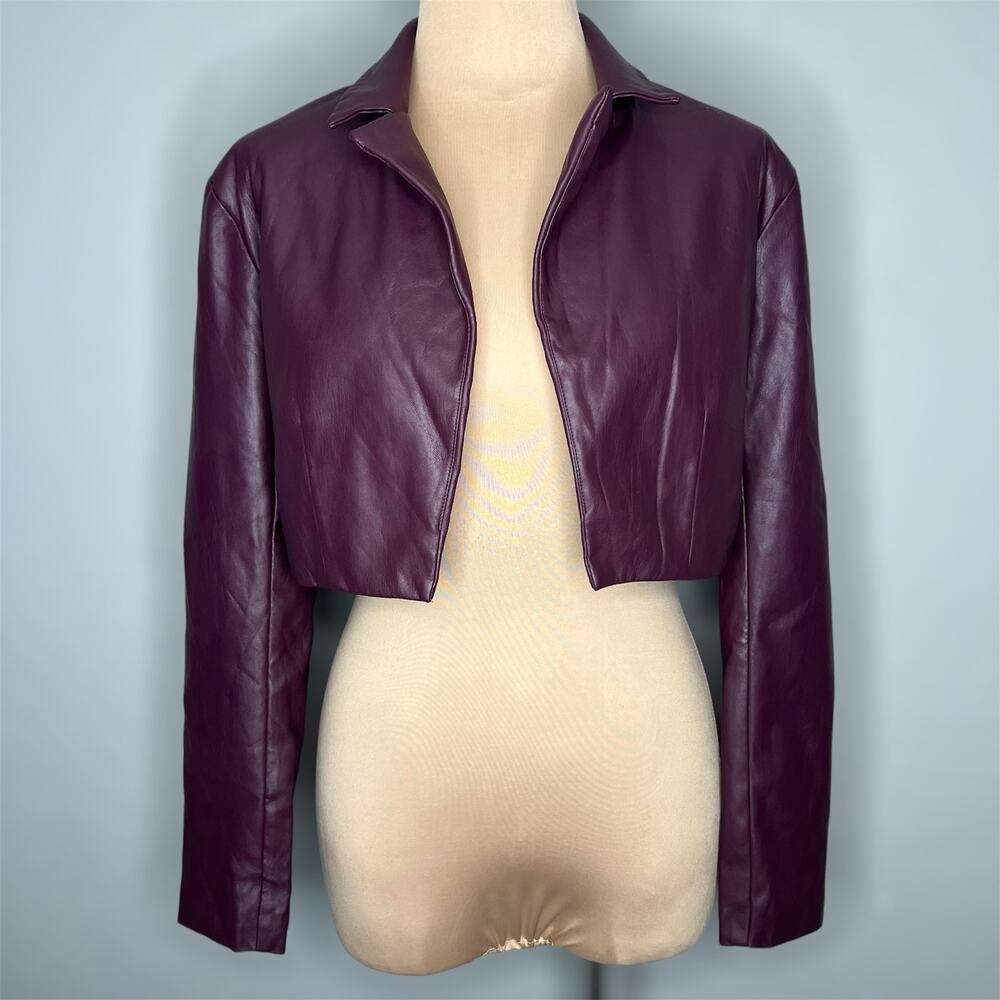 Ashley Park x RTR Viola Faux Leather Jacket Medium Women Cropped Blazer Burgundy